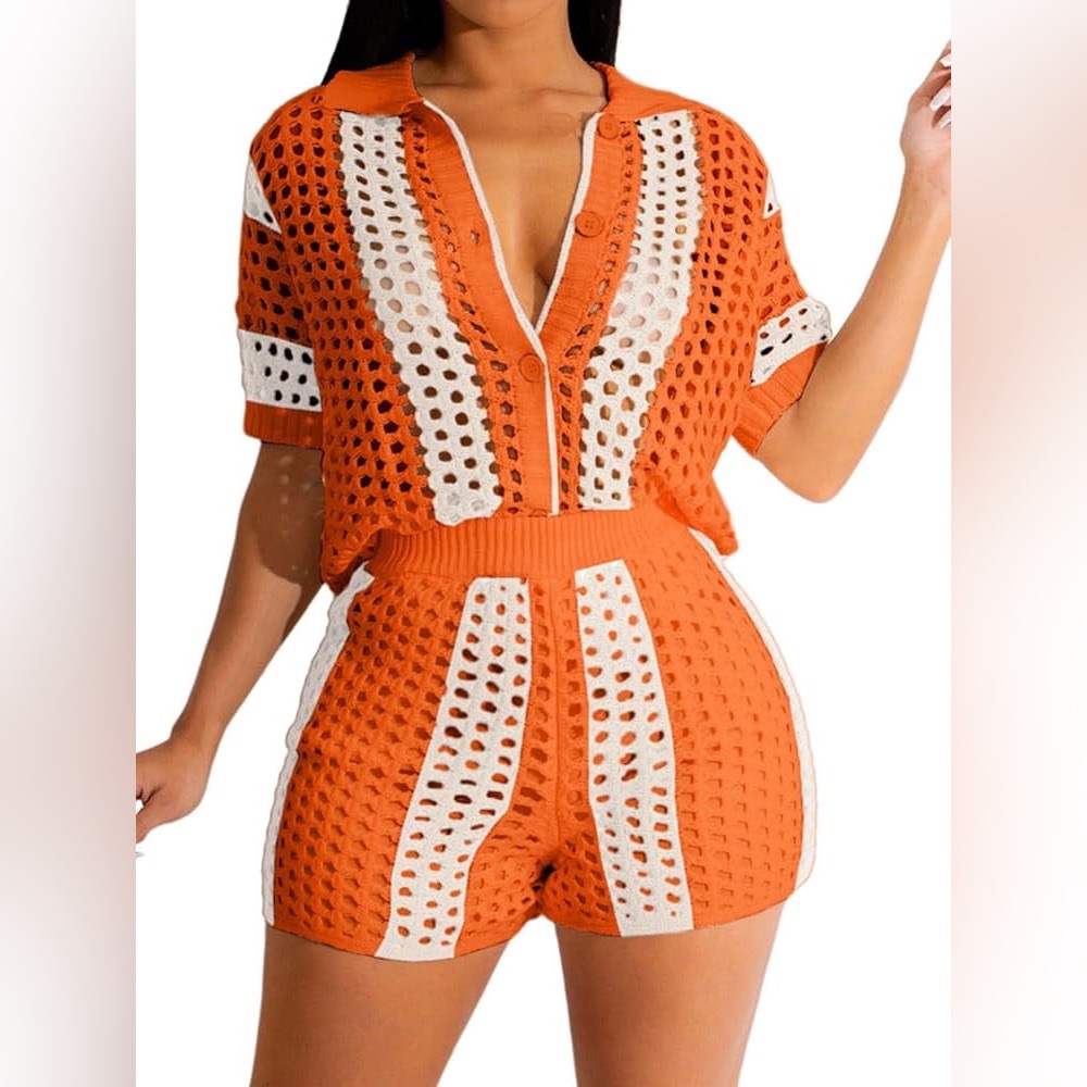 Crochet Knit Mesh Shorts Set